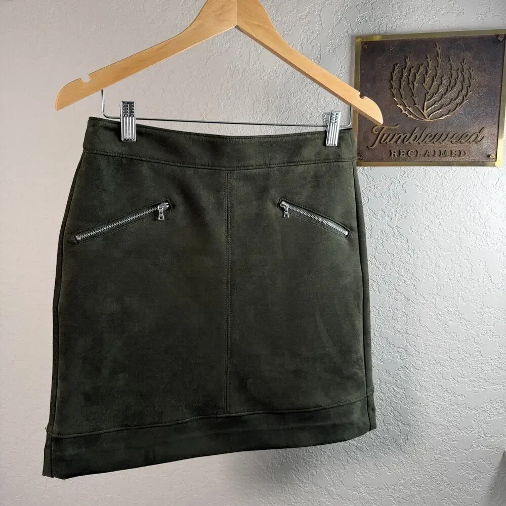 Women's Ann Taylor Loft Olive Green Faux‎ Suede A-Line Mini Skirt Size 4 Petite